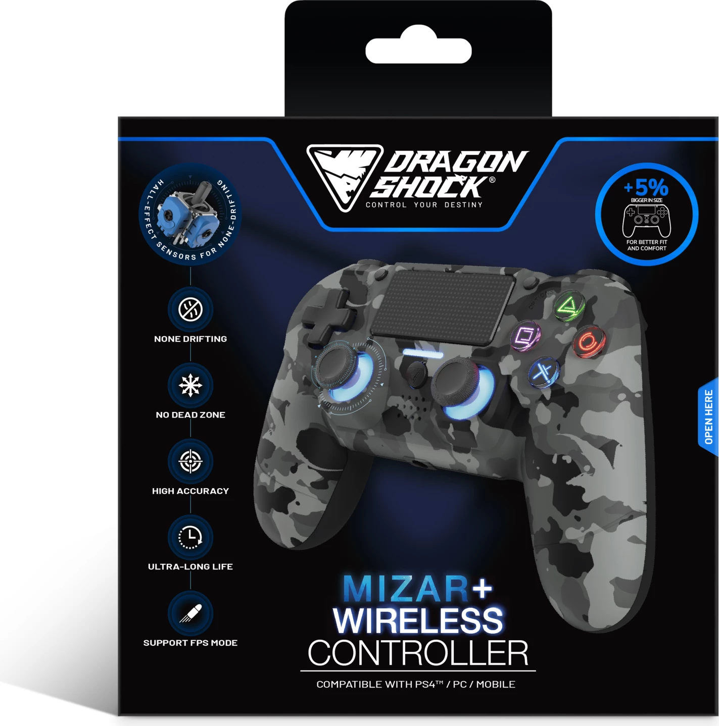 Kontroller wireless DragonShock MIZAR+ për PS4/PC/Mobile, Hall-Effect, gri camo