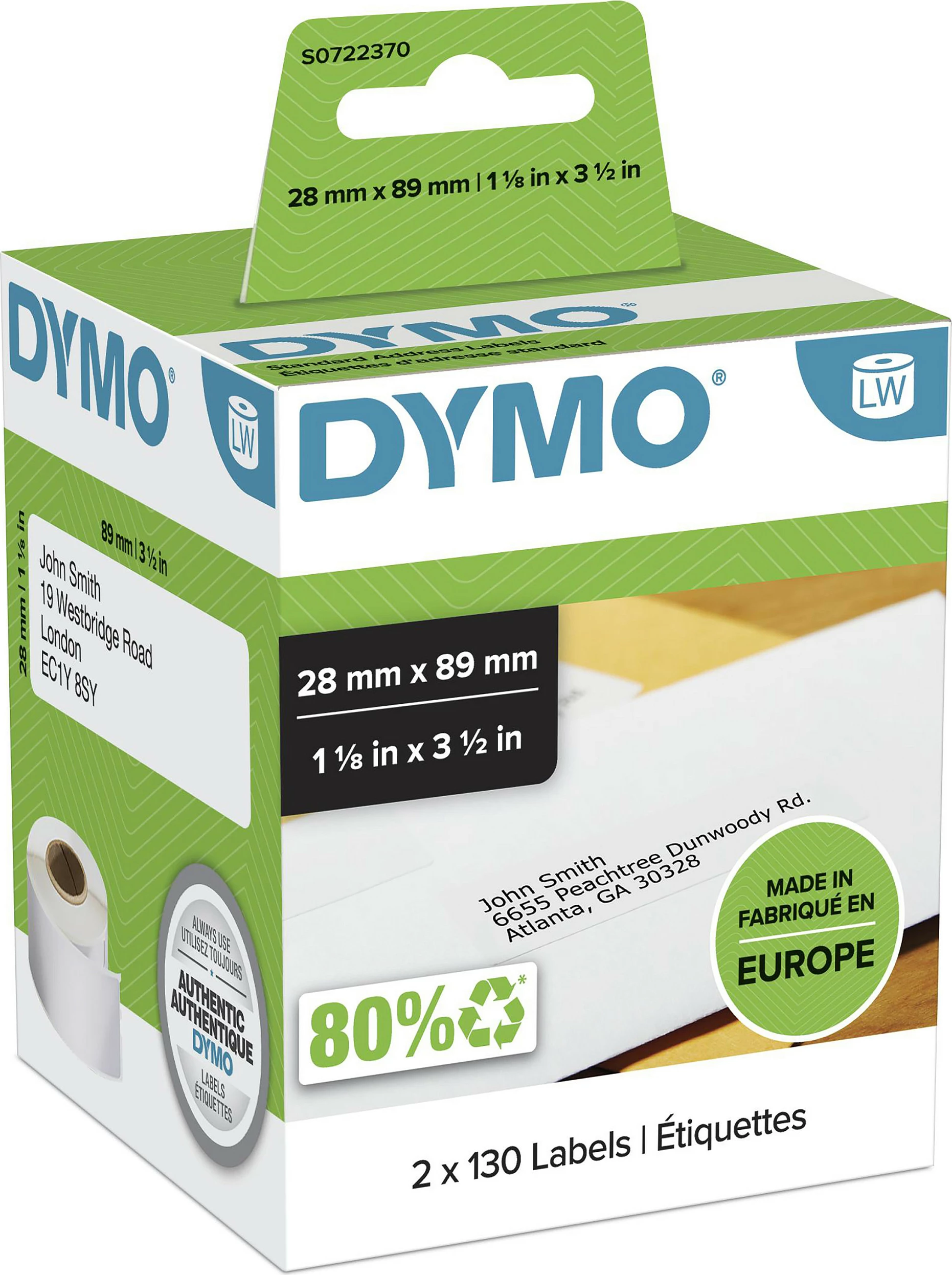 Etiketa Dymo LabelWriter 28 x 89 mm, 2x130 copë, zi në të bardhë