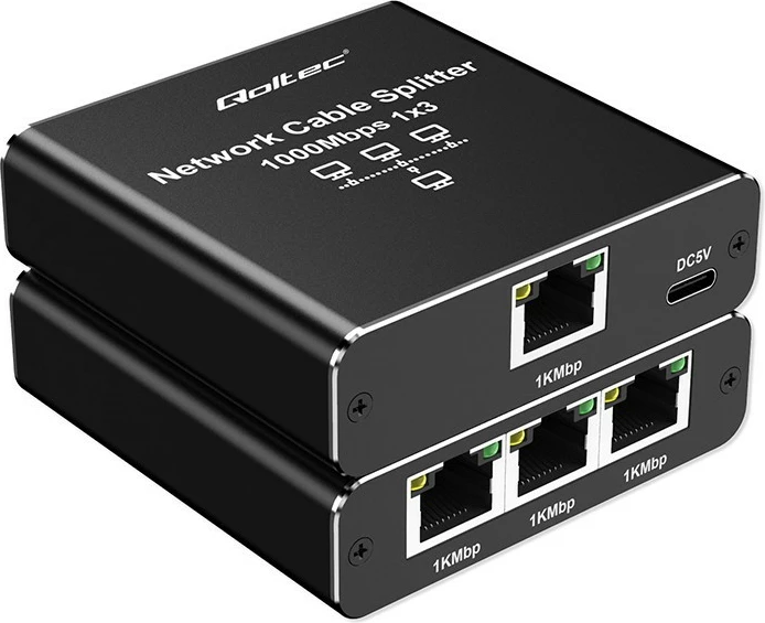 Switch i vogël Qoltec 52294, 3 porta RJ45, 1Gb/s, alumini, USB-C
