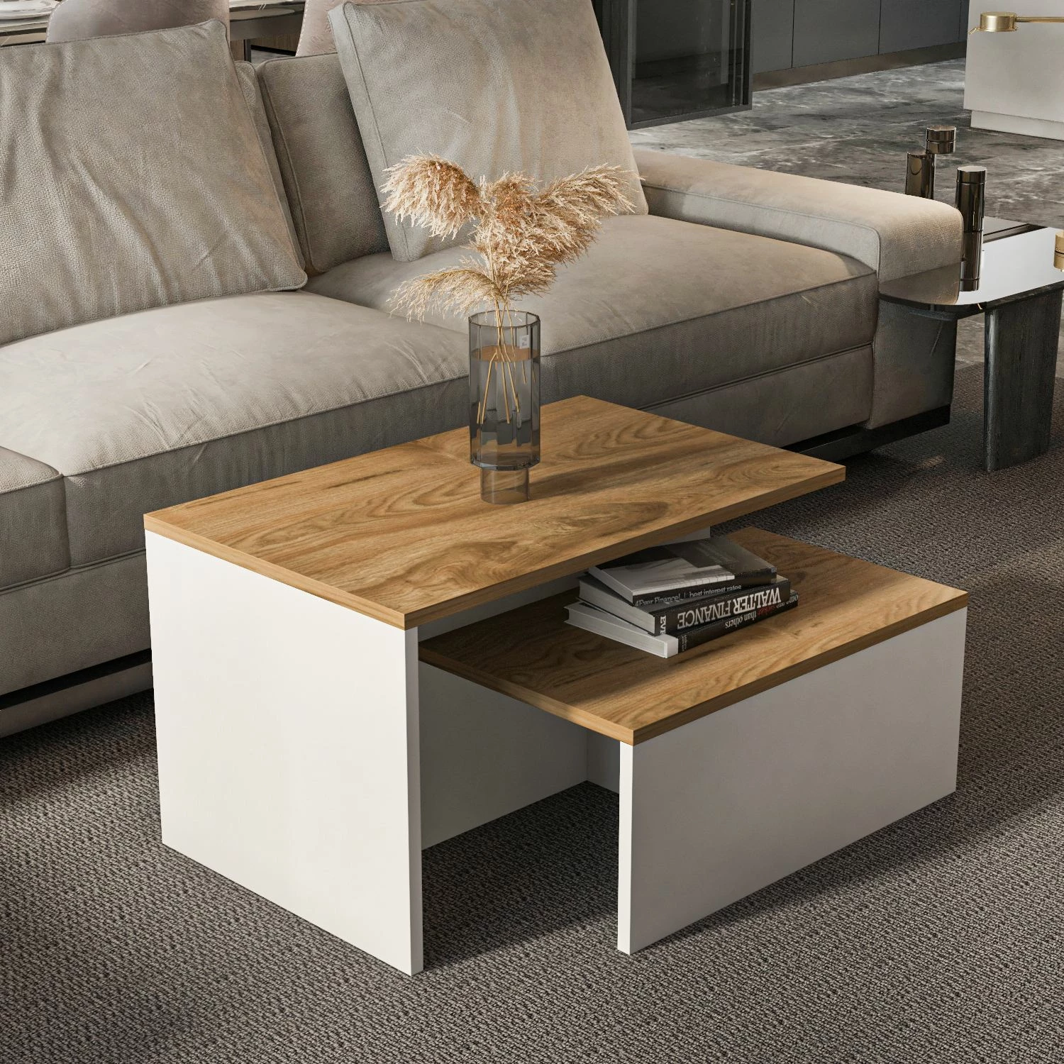 Set tavolinash të mbivendosura Skye Decor, dy copë, ngjyrë lis dhe e bardhë
