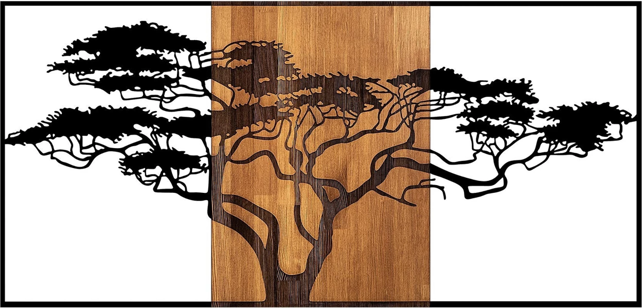 Aksesor dekorativ për mur, dru dhe metal, dizajn peme akacie, ngjyrë e zezë dhe arre, 147x3x70 cm