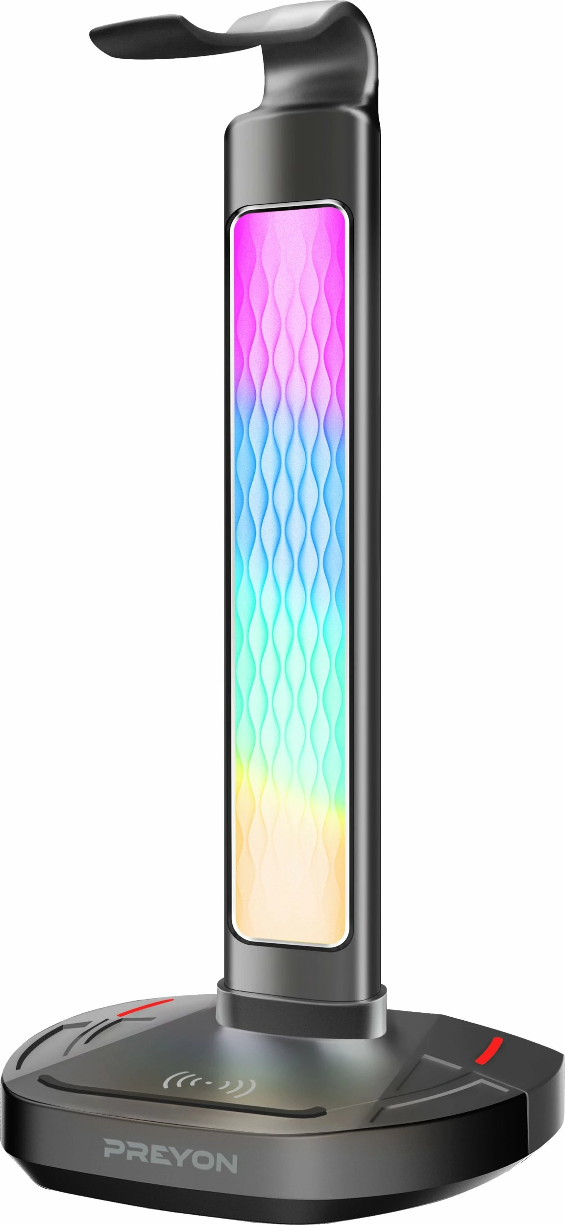 Mbajtëse kufjesh PREYON Heron Beak PHB41B, RGB, karikues pa kabllo, USB hub, e zezë