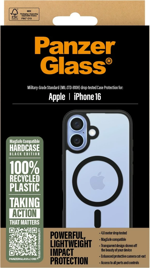 Mbështjellës PanzerGlass HardCase MagSAFE për iPhone 16, transparent/zi