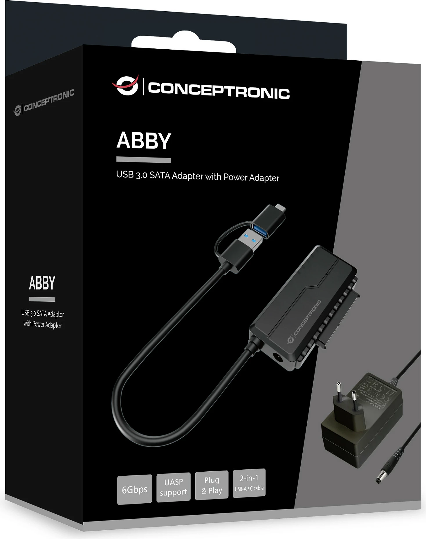 Adapter USB-A/USB-C 3.0 në SATA 22-pin Conceptronic, 6 Gbit/s, me adapter rryme, i zi