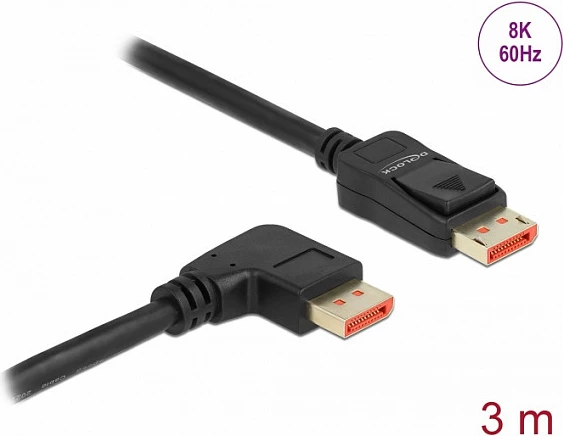 Kabllo DisplayPort DeLOCK DP 1.4, 3 m, 8K 60Hz, konektor 90° djathtas, e zezë
