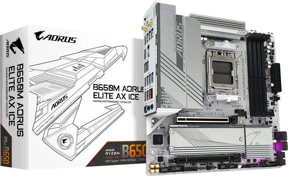 Pllakë amë Gigabyte B650M AORUS ELITE AX ICE, Socket AM5, DDR5, PCIe 5.0, WiFi 6E, argjendtë