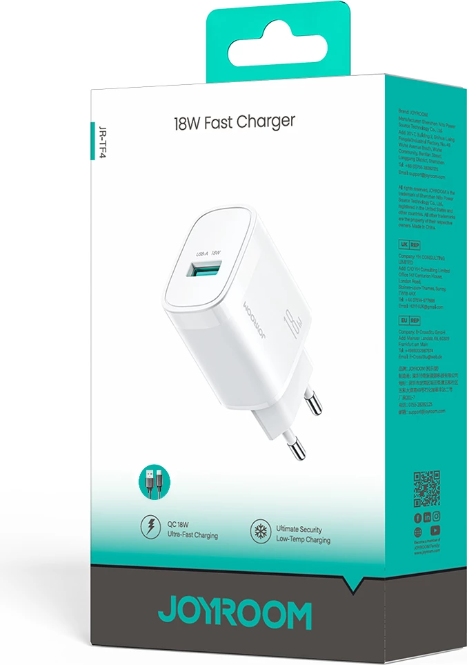 Karikues muri Joyroom JR-TF4 18W 3A USB-A me kabllo USB-A në USB-C 1m, i bardhë, set
