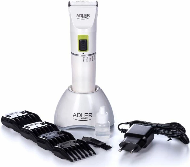 Makinë për prerje flokësh ADLER AD2827, Li-ion 2200 mAh, 5 orë punë, 2 shpejtësi, 4 krehëra 3/6/9/12 mm, me stacion karikimi, e bardhë/argjend, set