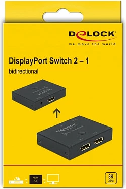 Switch DisplayPort DeLOCK 2-në-1 bidireksional, 8K 30Hz, metal, kabllo 1m, i zi