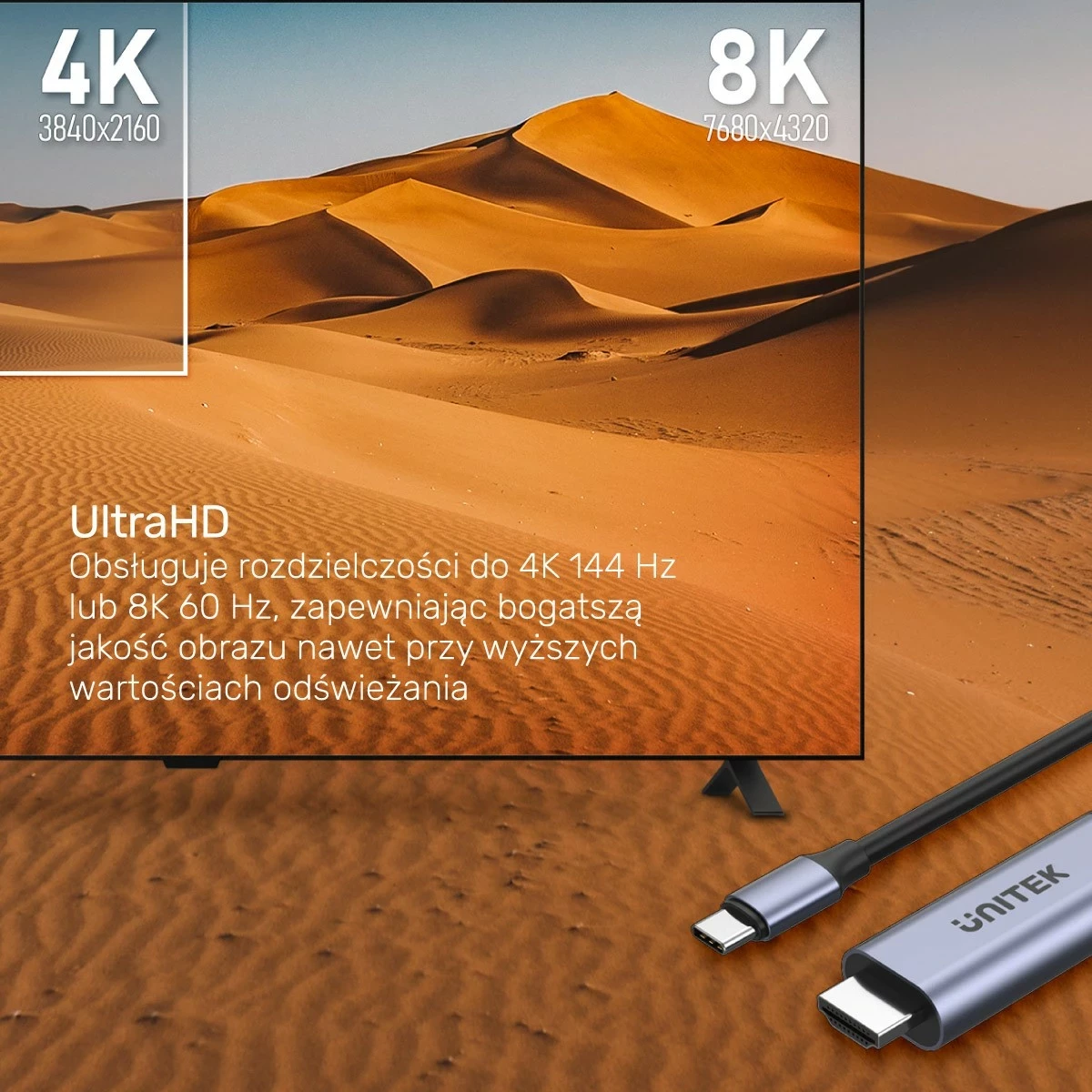 Kabëll USB-C në HDMI Unitek 8K, USB 4, HDR10+, HDCP 2.3, 1.8m, hiri