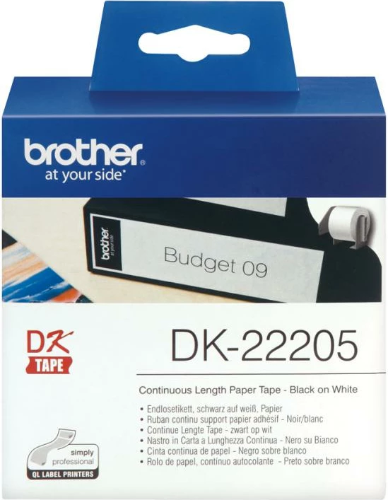 rrotull etiketash pa fund Brother DK-22205, 62 mm x 30.48 m, letër vetëngjitëse, tekst i zi / sfond i bardhë