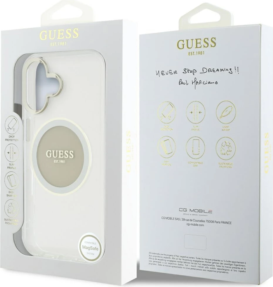 Mbështjellës Guess IML Metal Colored Circle Classic Logo MagSafe për iPhone 16, Gri