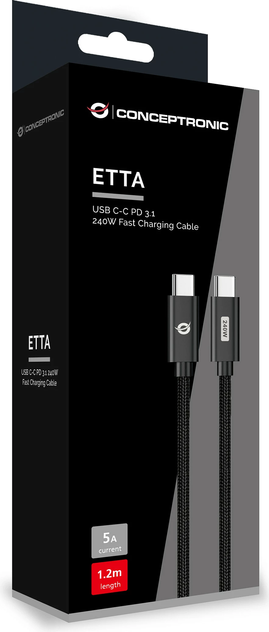 Kabllo USB-C Conceptronic ETTA03B12, PD 3.1 240W, 1.2m, e thurur, e zezë