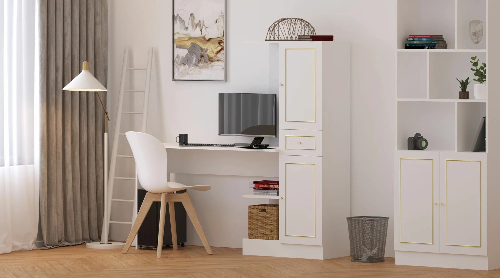 Tavolinë pune me raft librash, ngjyrë e bardhë mat, Skye Decor, Rb-087