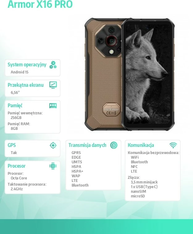 Celular Ulefone Armor X16 Pro 5G 8/256GB 6.56" 120Hz IP69K, kafe