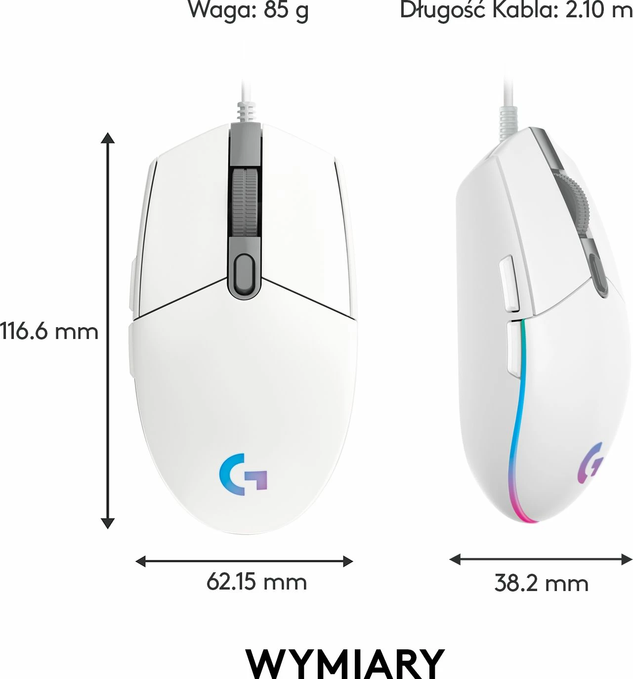 Maus gaming Logitech G102 Lightsync 910-005824, 8000 DPI, RGB, 6 butona, USB me kabllo, e bardhë