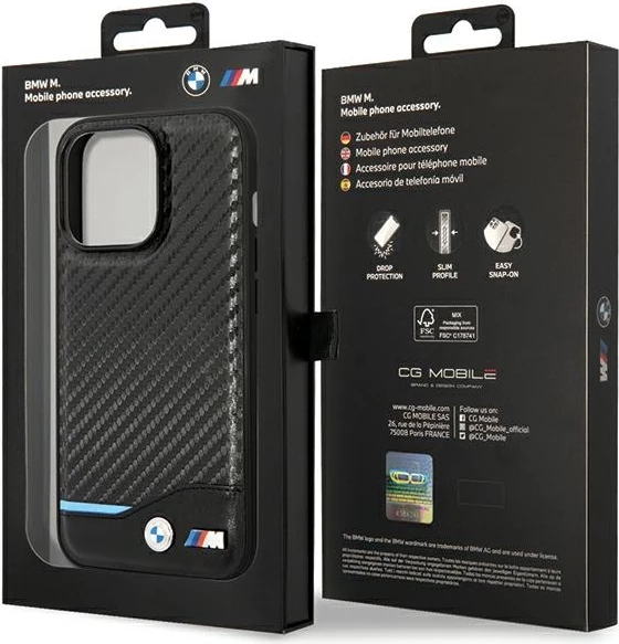 Mbështjellës BMW Leather Carbon për iPhone 13 Pro / 13 6.1", i zi, hardcase
