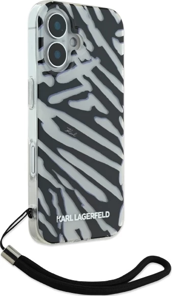 Mbështjellës Karl Lagerfeld IML Zebra Pattern & Cord për iPhone 16, Zi