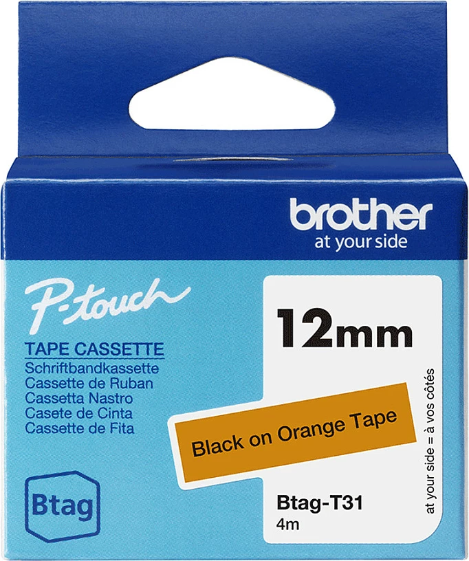 Kasetë shirit etikete Brother P-touch Btag-T31, 12mm x 4m, zi në portokalli