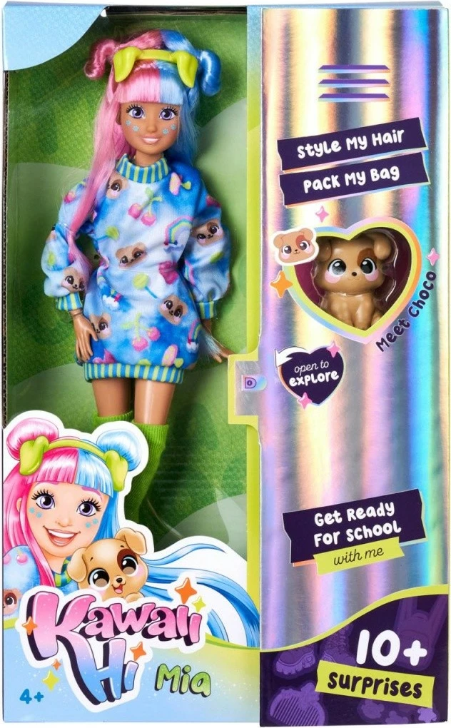 Kukull lodër Simba Kawaii Hi Mia me qenush Choco, 26 cm, me 10+ aksesorë, shumëngjyrëshe