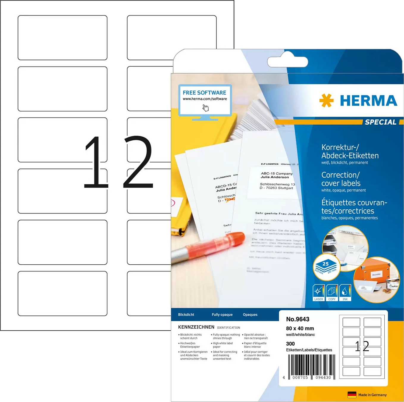Etiketa vetëngjitëse HERMA 9643, A4 80x40 mm, 300 copë, të bardha