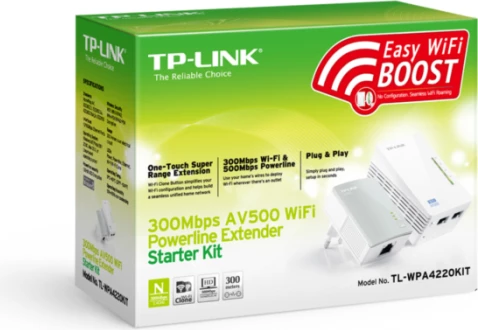 Powerline WiFi extender starter kit TP-LINK TL-WPA4220KIT AV600, 300Mbps, 2x LAN, set 2 adapter + kabllo RJ45, e bardhë
