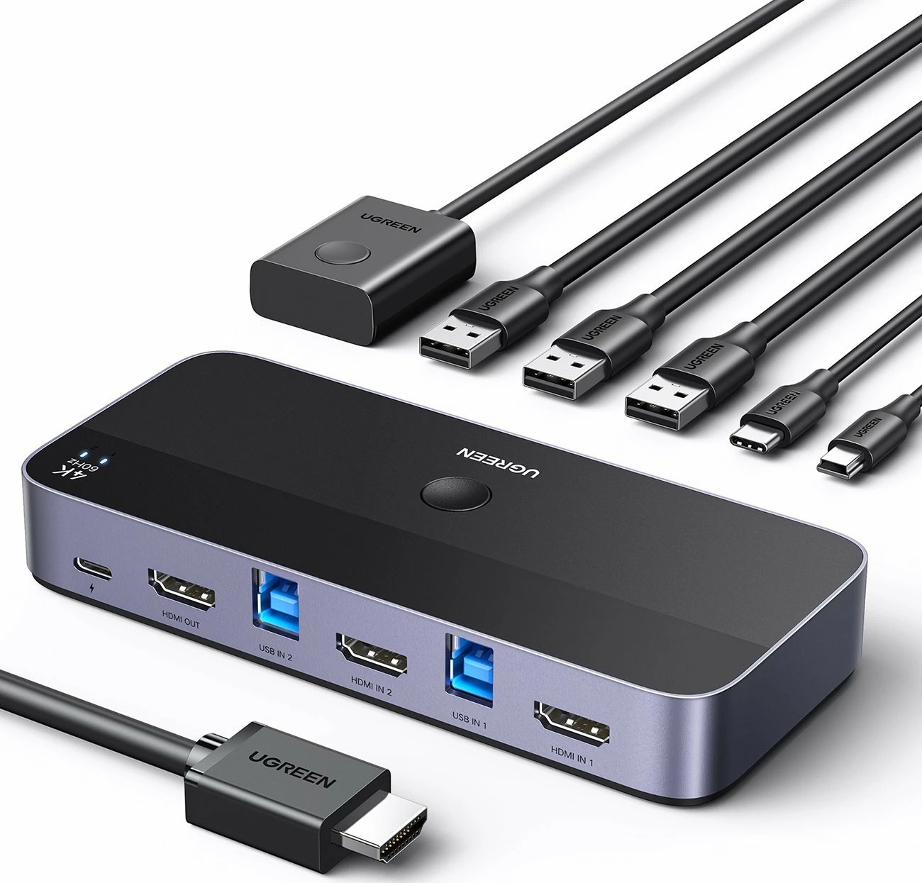 KVM Switch Ugreen CM664, 3xHDMI, USB 3.2 Gen2 5Gbps, 4K@60Hz HDR, me telekomandë, set me kabllo, i zi