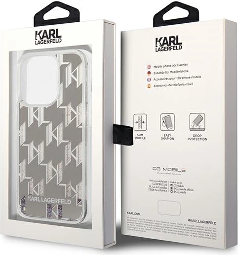 Mbështjellës Karl Lagerfeld KLHCP14LLMNMS për iPhone 14 Pro 6.1", hardcase, Liquid Glitter Monogram, argjendtë