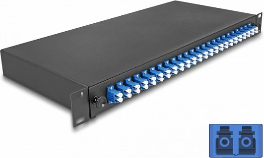 Kuti splice fibër optike DeLOCK 19" 1U, 24x LC Duplex OS2, metal, e zezë