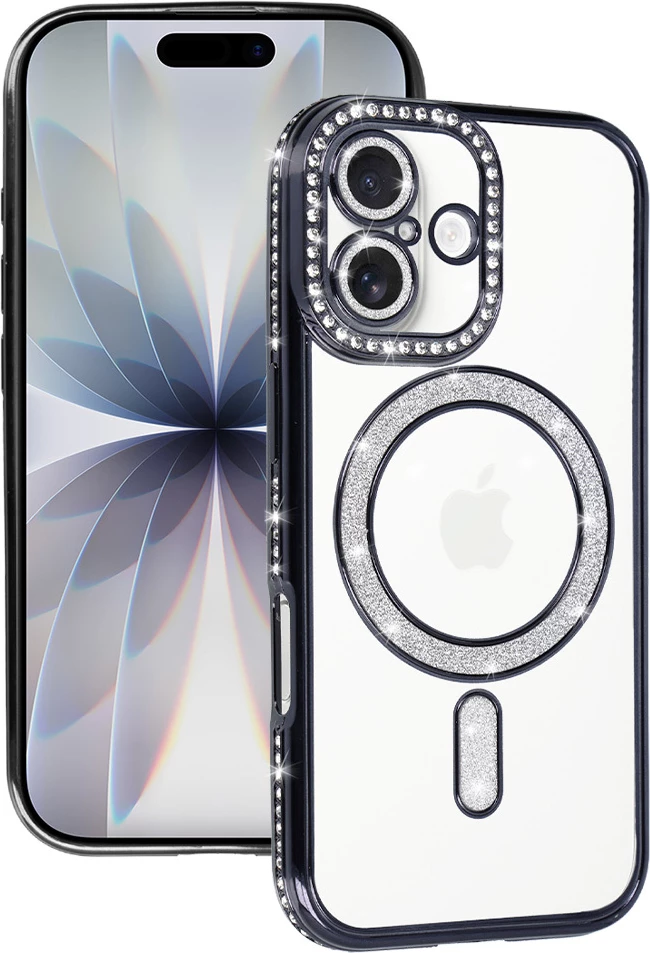 Mbështjellës MagSafe silikoni ONASI 23885 për iPhone 17, me glitter, e zezë transparente