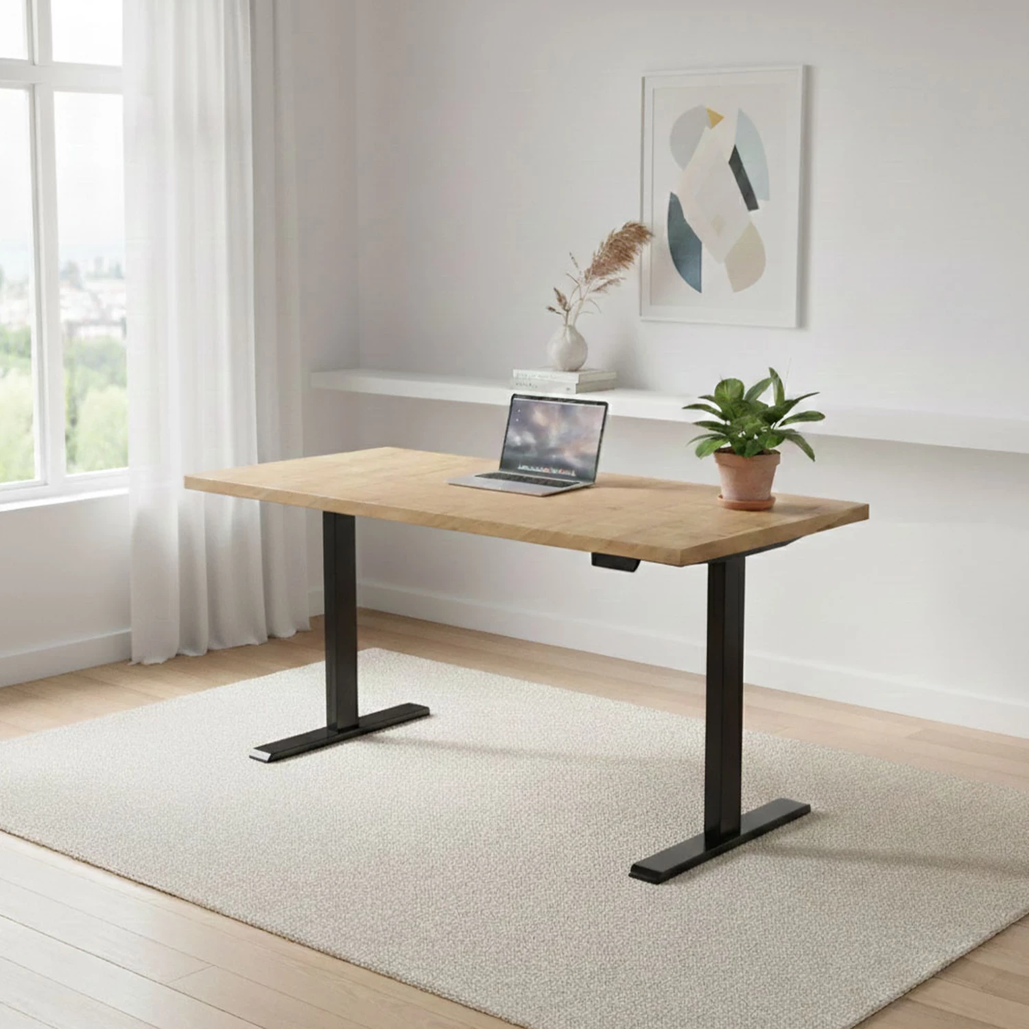 Tavolinë elektrike sit-stand UVI Lite V2, 139x68x2.5 cm, 73.5-121.5 cm, 80 kg, Chalet Oak, kornizë e zezë
