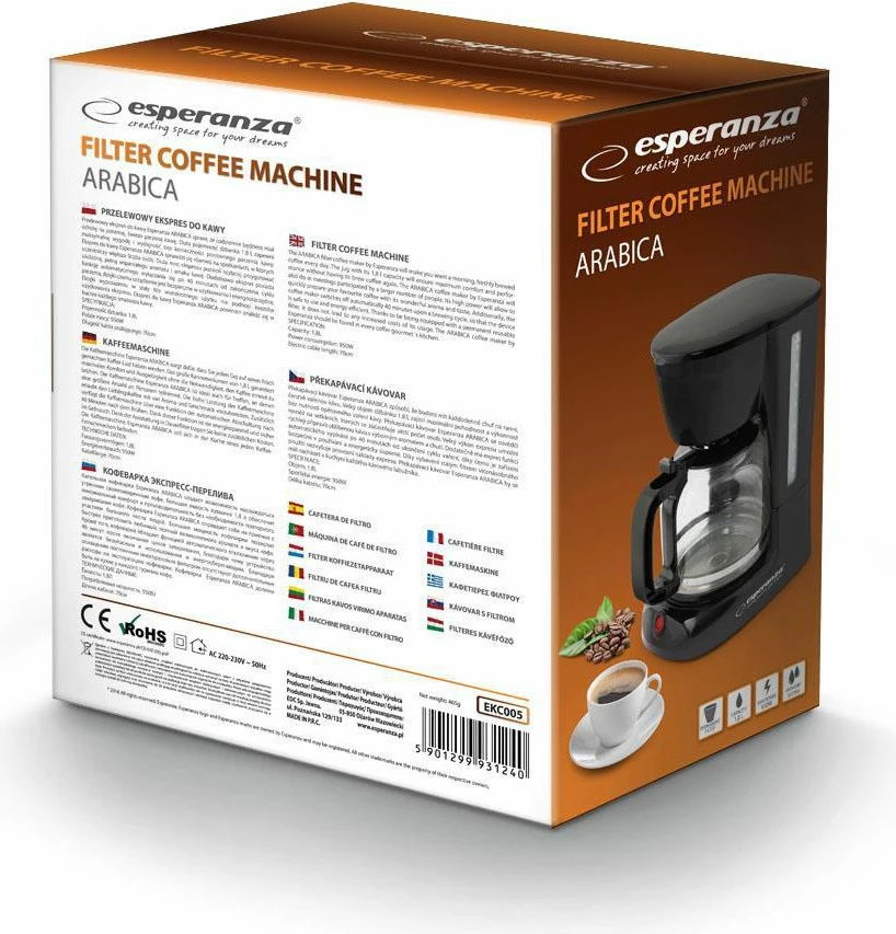 Aparat kafeje me pikim, Esperanza EKC005 Arabica 1.8 L 950 W (14 filxhanë), zi