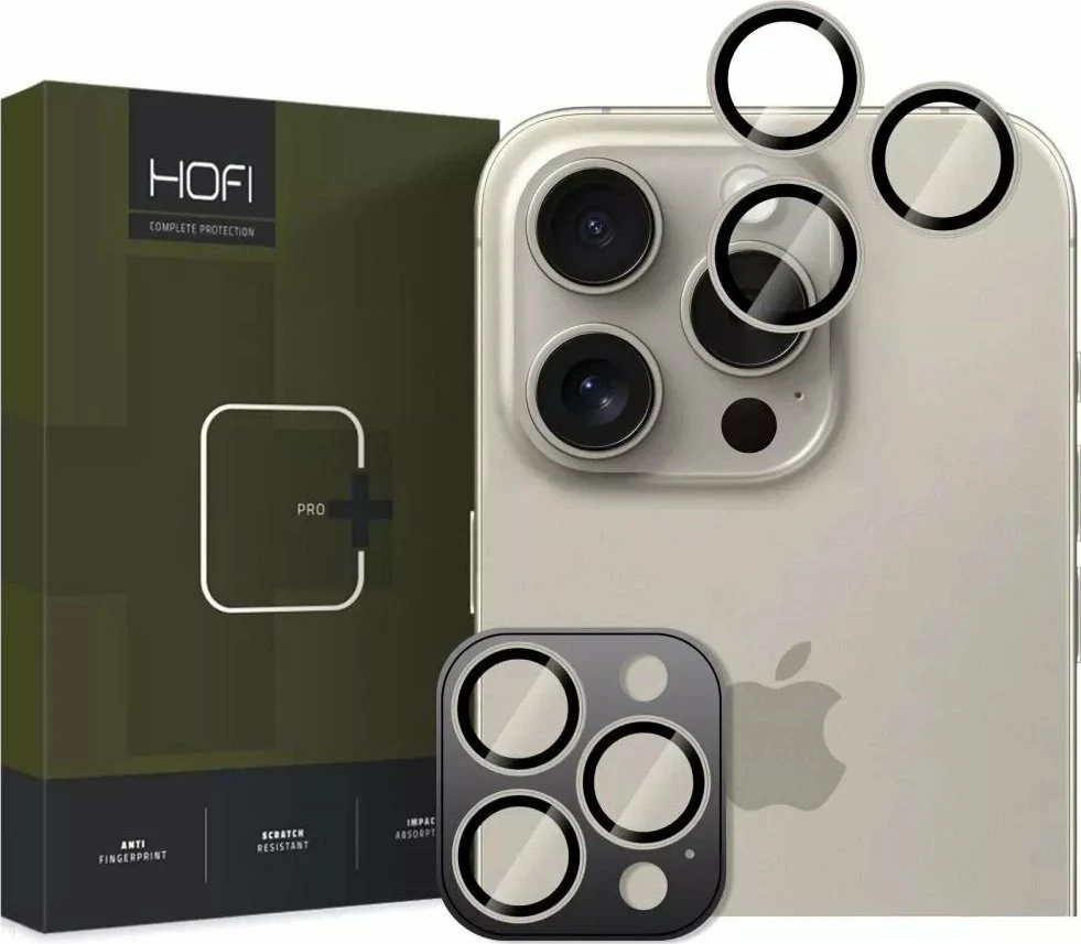 Mbrojtës lente kamere Hofi Camring PRO+ për iPhone 16 Pro / 16 Pro Max, alumin + xham i kalitur, Natural Titanium, set 1 copë