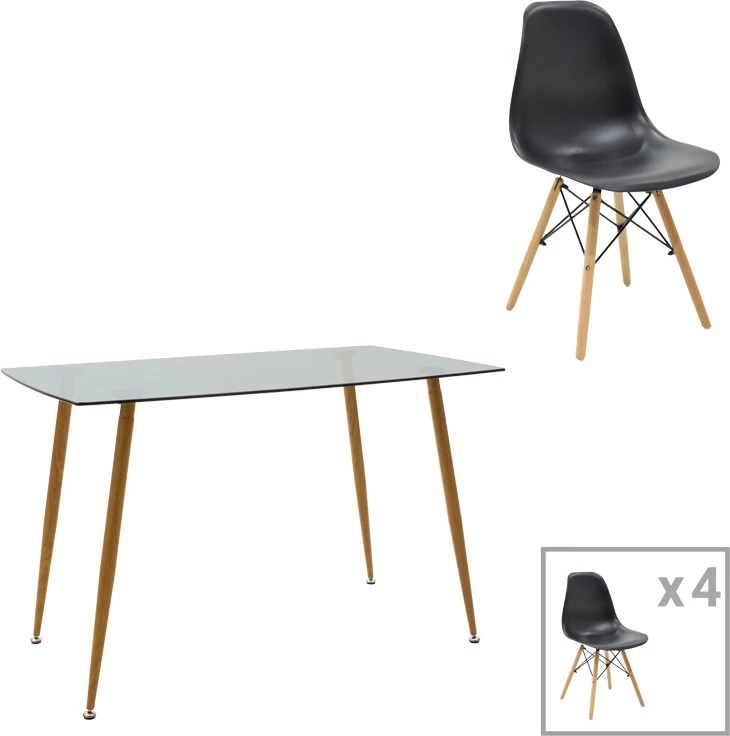 Set tavoline me karrige Chloe-Julita, 5 copë, xham antracit 8mm, këmbë natyrale, 120x70x75cm