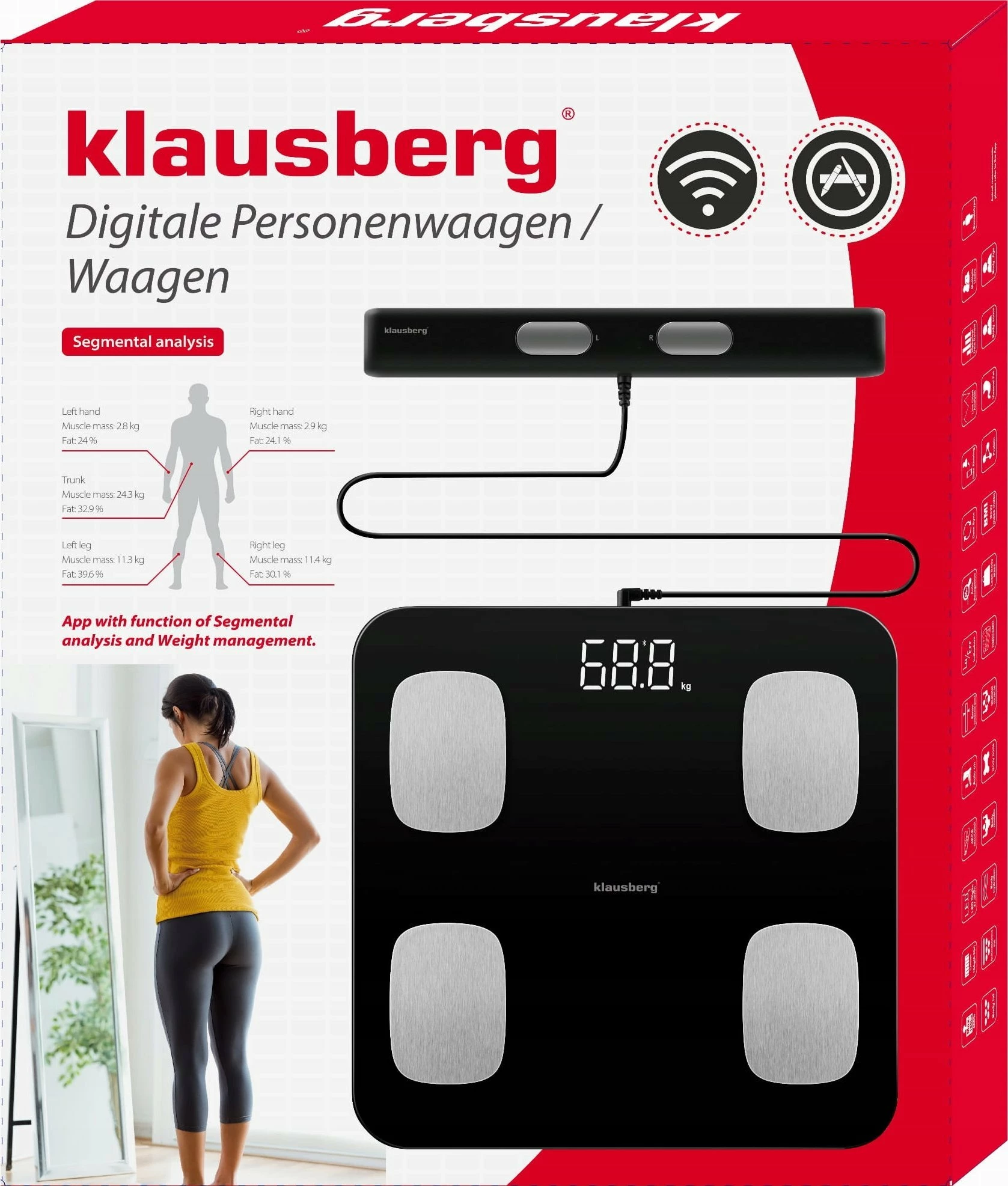 Peshore banjo Klausberg KB-7852 smart me Bluetooth, analizë përbërje trupi, 180 kg, e zezë