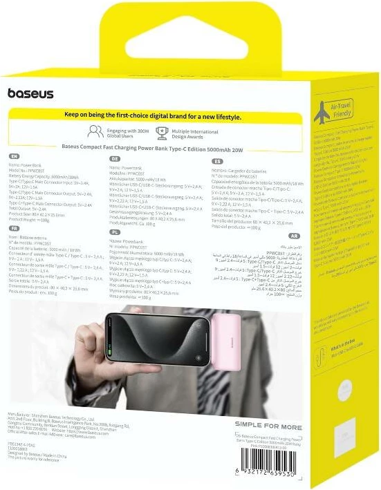Powerbank Baseus Compact USB-C 5000mAh 20W, rozë