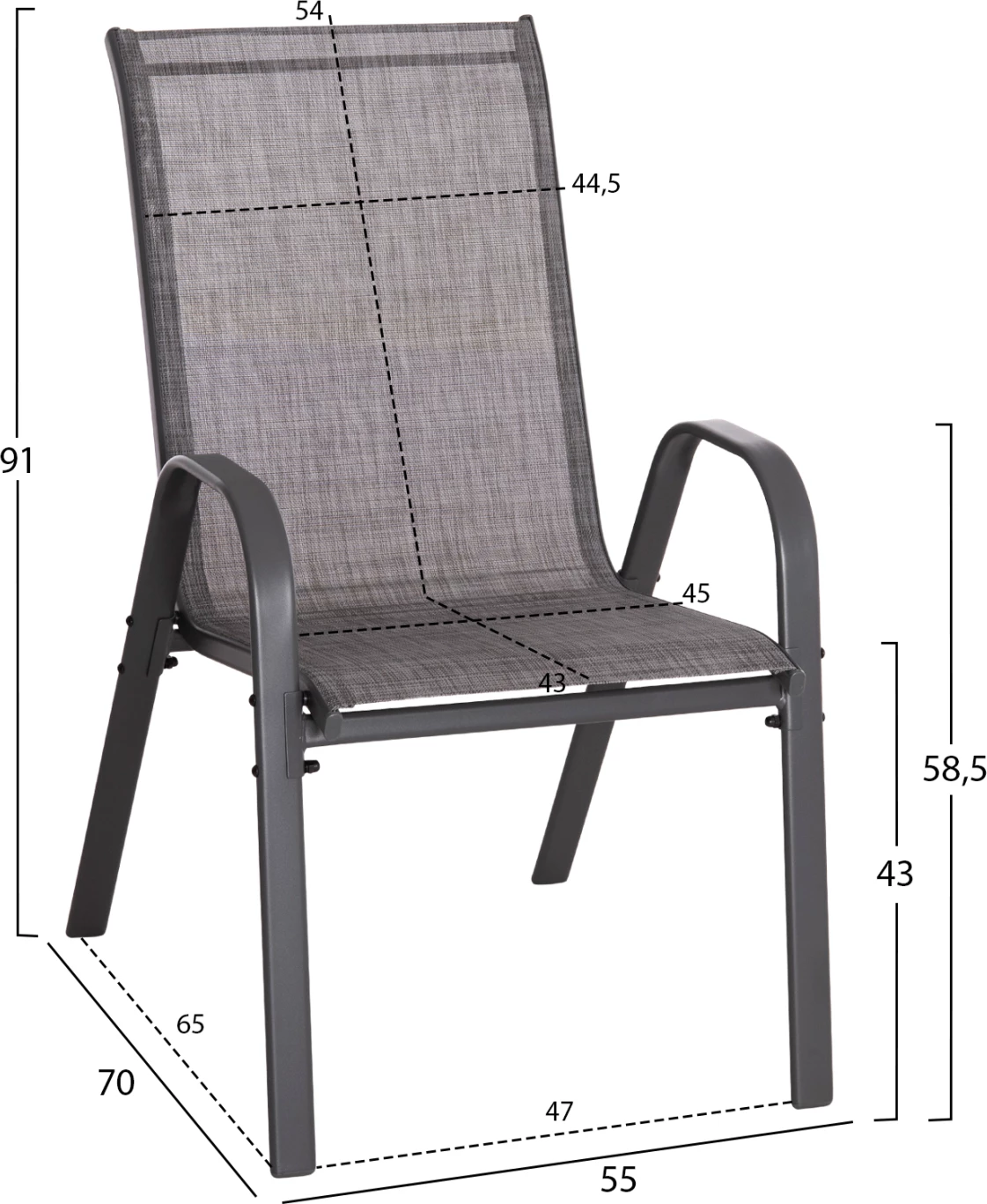 Karrige për jashtë LEON, kornizë metali gri & tekstilene, set prej 4 copash, 55x70x91H cm