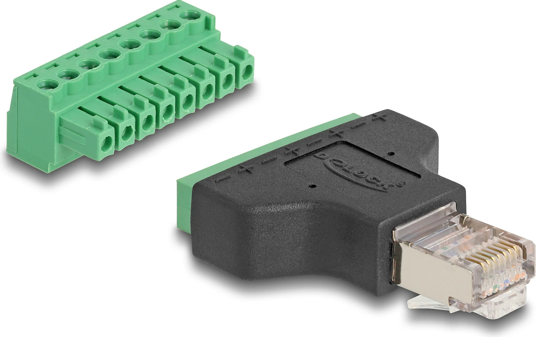 Adapter DeLOCK RJ45 në terminal block 8-pin, 3.81 mm, Plug and Play, zi/jeshil