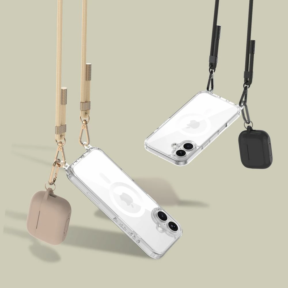 Mbështjellës Tech-Protect FlexAir Chain MagSafe për iPhone 16e/17e, i tejdukshëm me litar të zi & bezhë (set 3 pjesë)
