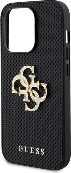 Mbështjellës Guess Perforated 4G Glitter Logo për iPhone 15 Pro 6.1\", hardcase TPU + lëkurë eko, i zi, në kuti