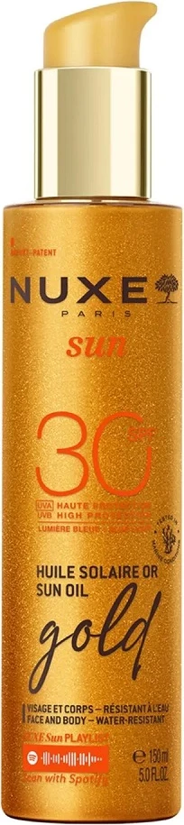Vaj për trup dhe fytyrë me shkëlqim Nuxe Sun Radiance Glittering Oil SPF30 për femra, 150ml