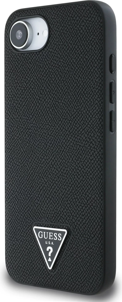 Mbështjellës Guess Grained Triangle MagSafe për iPhone 16e, i zi