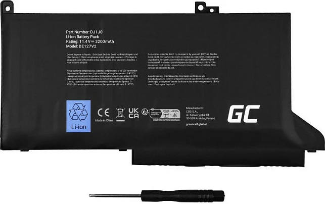 Bateri laptopi Green Cell DJ1J0 për Dell Latitude 7280/7290, 11.4V LiPo, e zezë