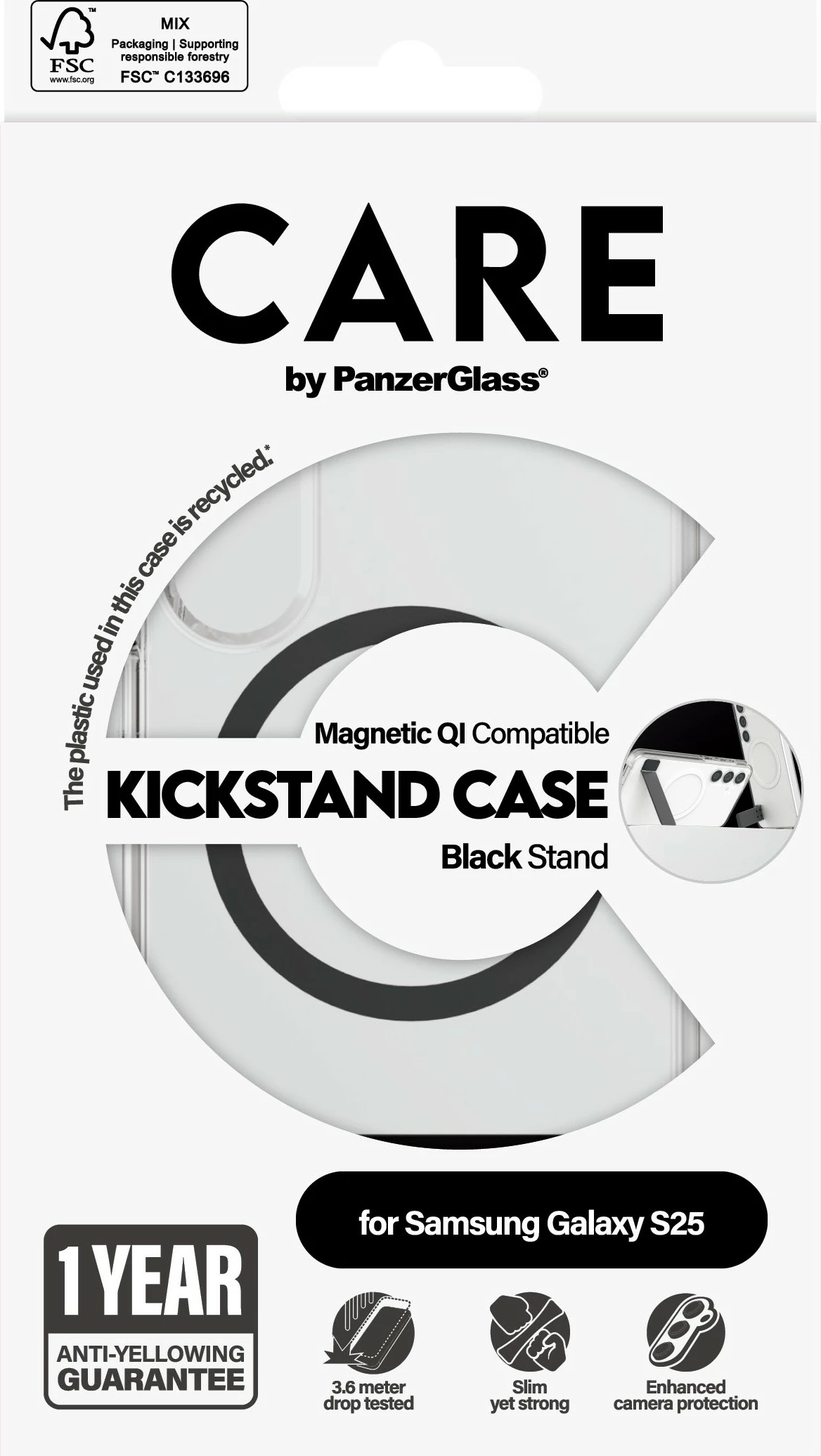 Mbështjellës PanzerGlass CARE me kickstand, për Samsung Galaxy S25, transparent