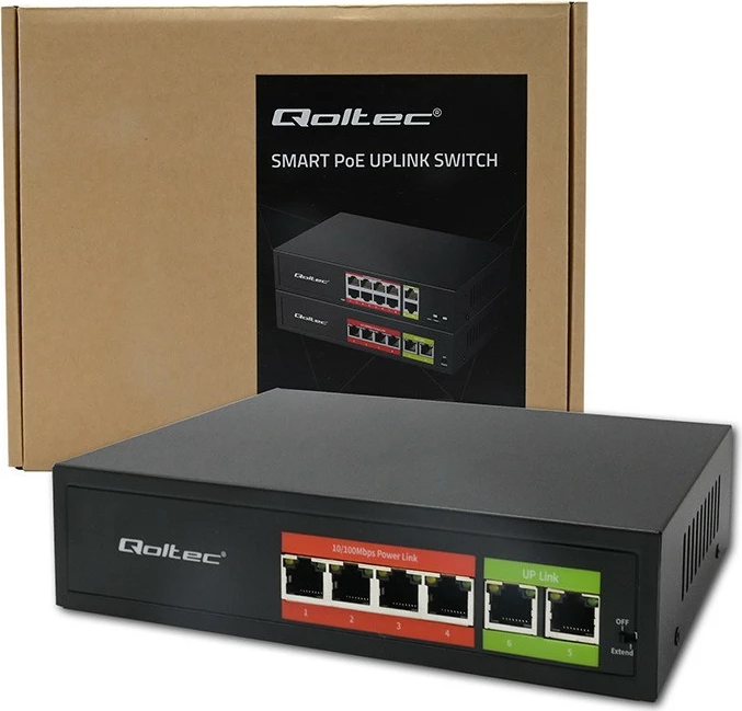Switch, Qoltec 52289, 6x RJ45 10/100Mb/s (4x PoE 802.3af, total 65W), 2x RJ45 Uplink, Plug & Play, metal, e zezë