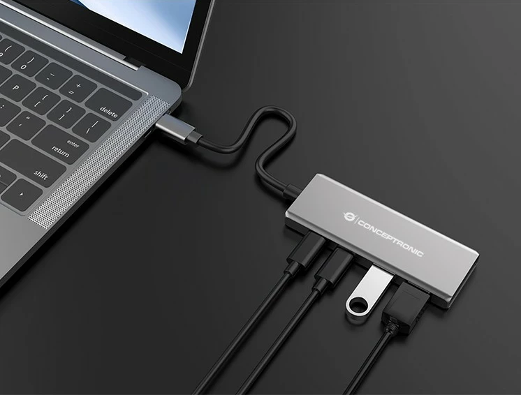 Dock USB-C Conceptronic 4-1, 2xUSB-C, 2xUSB-A, 100WPD, 25cm, gri