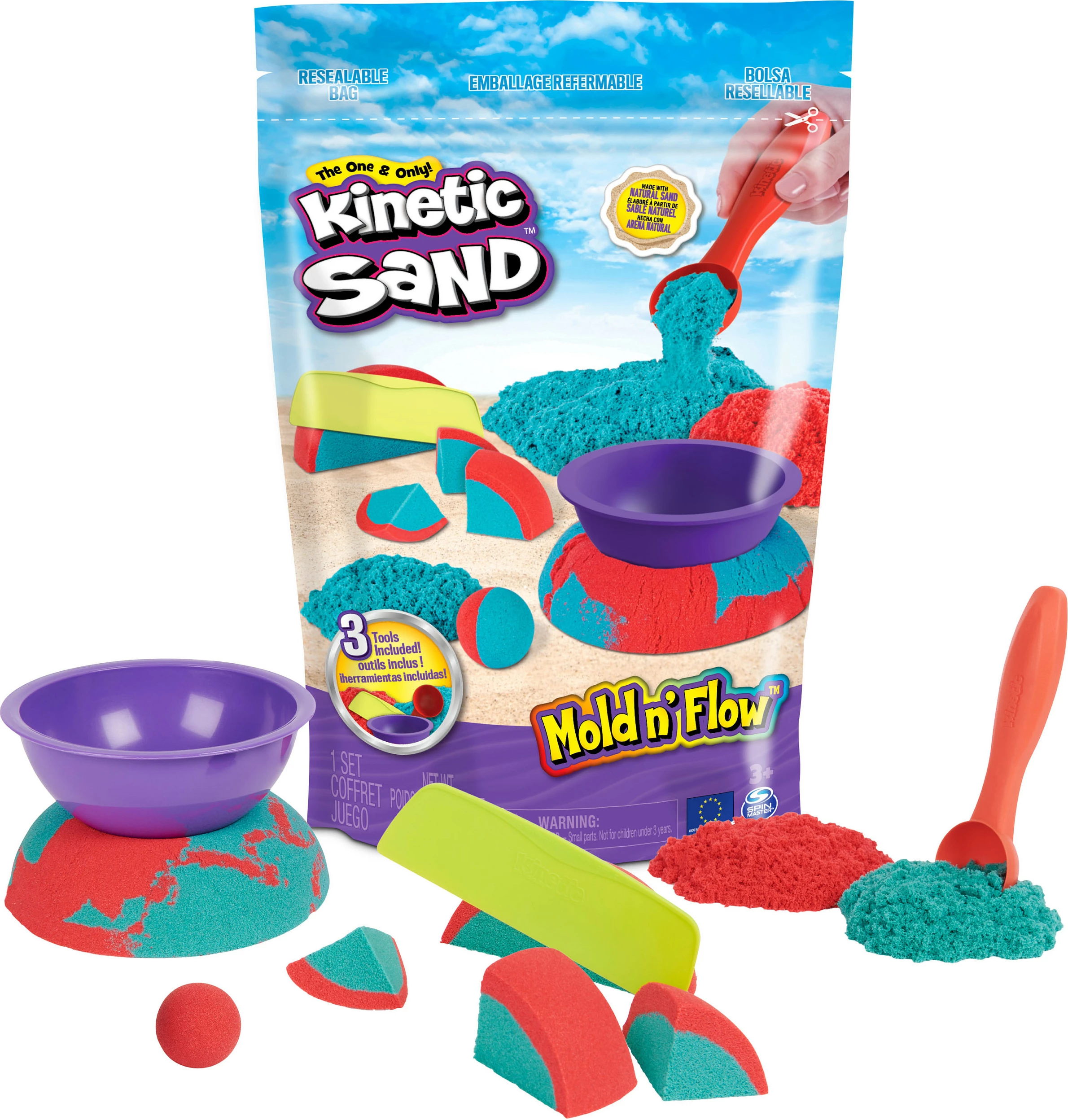 Rërë kinetike SPIN MASTER Kinetic Sand Mold n’ Flow, 1.5lb, me 3 vegla, e kuqe/teal