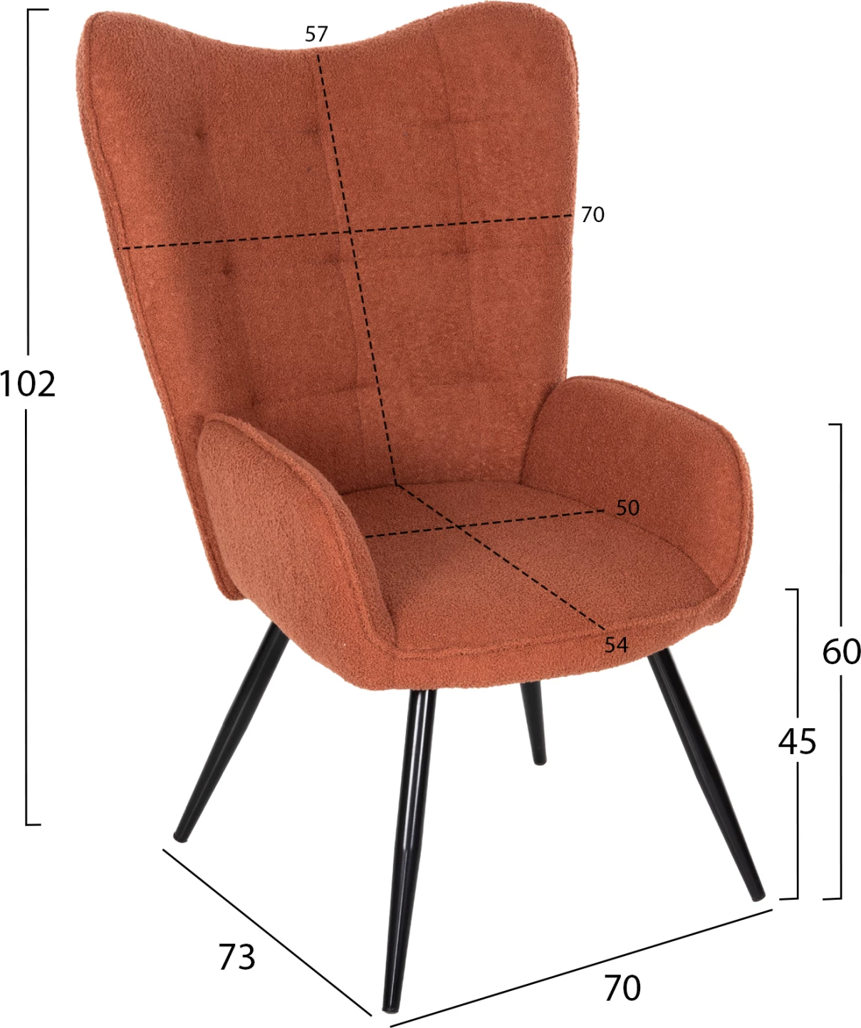 Karrige me mbështetëse këmbësh CRAWLEY FH8918.22, pëlhurë boucle portokalli, këmbë metali të zeza, 70x74x105H cm