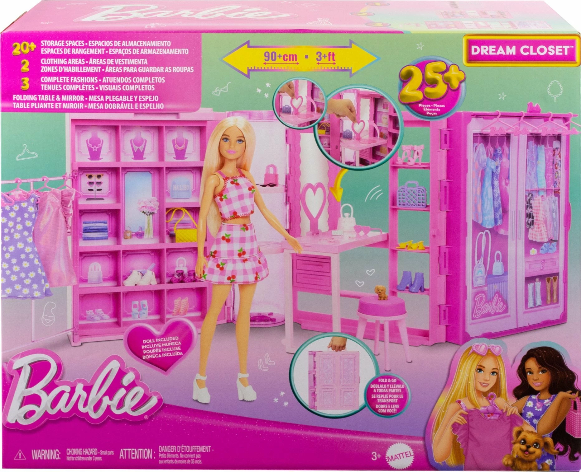 Garderobë për Barbie Mattel Dream Closet 3.0 HXD58, 90 cm, 25+ pjesë, rozë, set me kukull dhe aksesorë