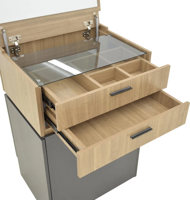 Tavolinë grimi Sonlen, ngjyrë gri e errët-dru arre i çelët, me pasqyrë dhe stol, 60x45x122cm